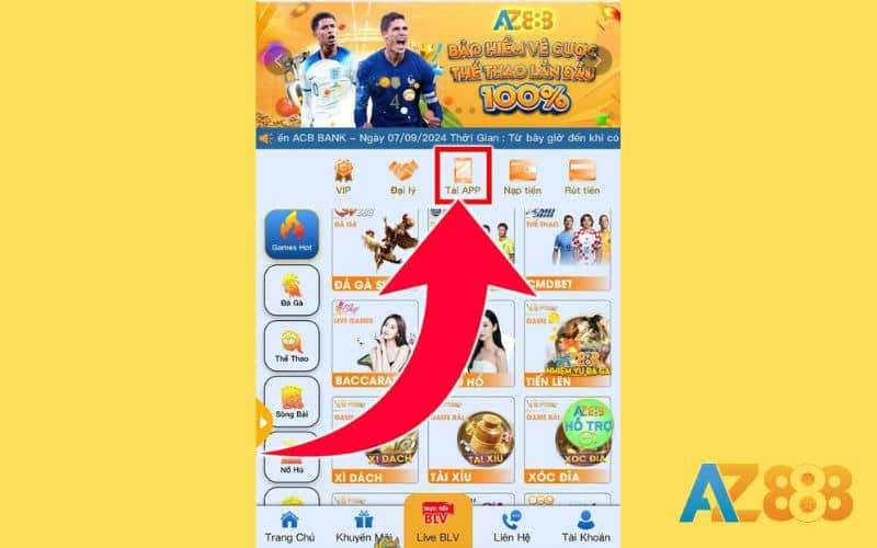 Đăng nhập tài khoản AZ888 và chọn mục tải app